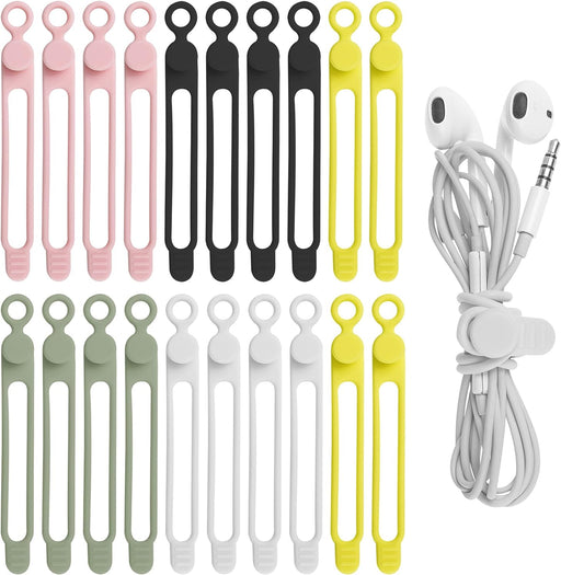 20Pcs Silicone Cable Straps Wire Organizer for Earphone, Phone Charger, Mouse, Audio, Computer, Reusable Cable Ties Cord Organizer in Home, Office, Kitchen, School (5 Colors)