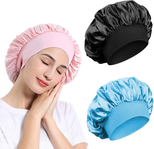 3 Pack Satin Bonnet, Night Sleep Caps with Wide Elastic Band, Silk Wrap, Soft Head Cover Sleeping Hat for Women and Girls Curly Hair